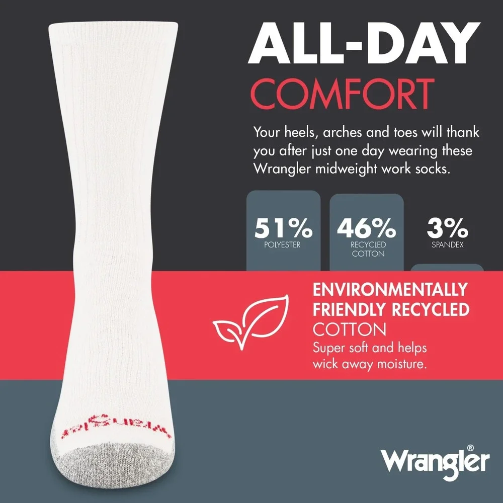 Wrangler Men's 6 Pack Cushion Crew Work Socks Big & Tall Size 12-15 White NEW